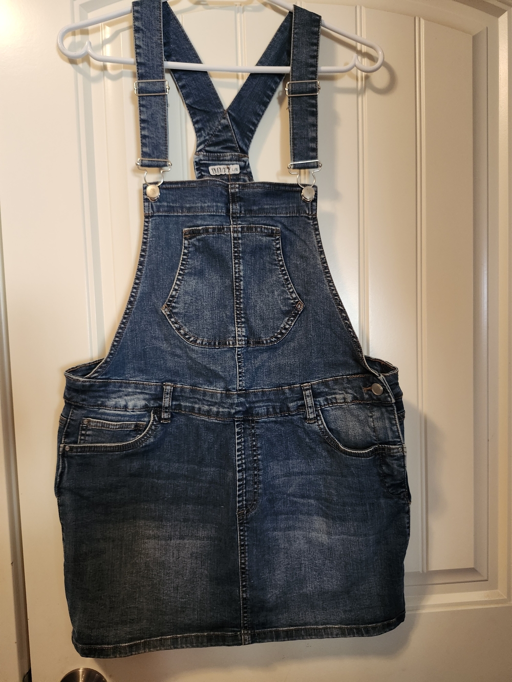 Denim Overall Skirt with Front Pocket - Dark Blue